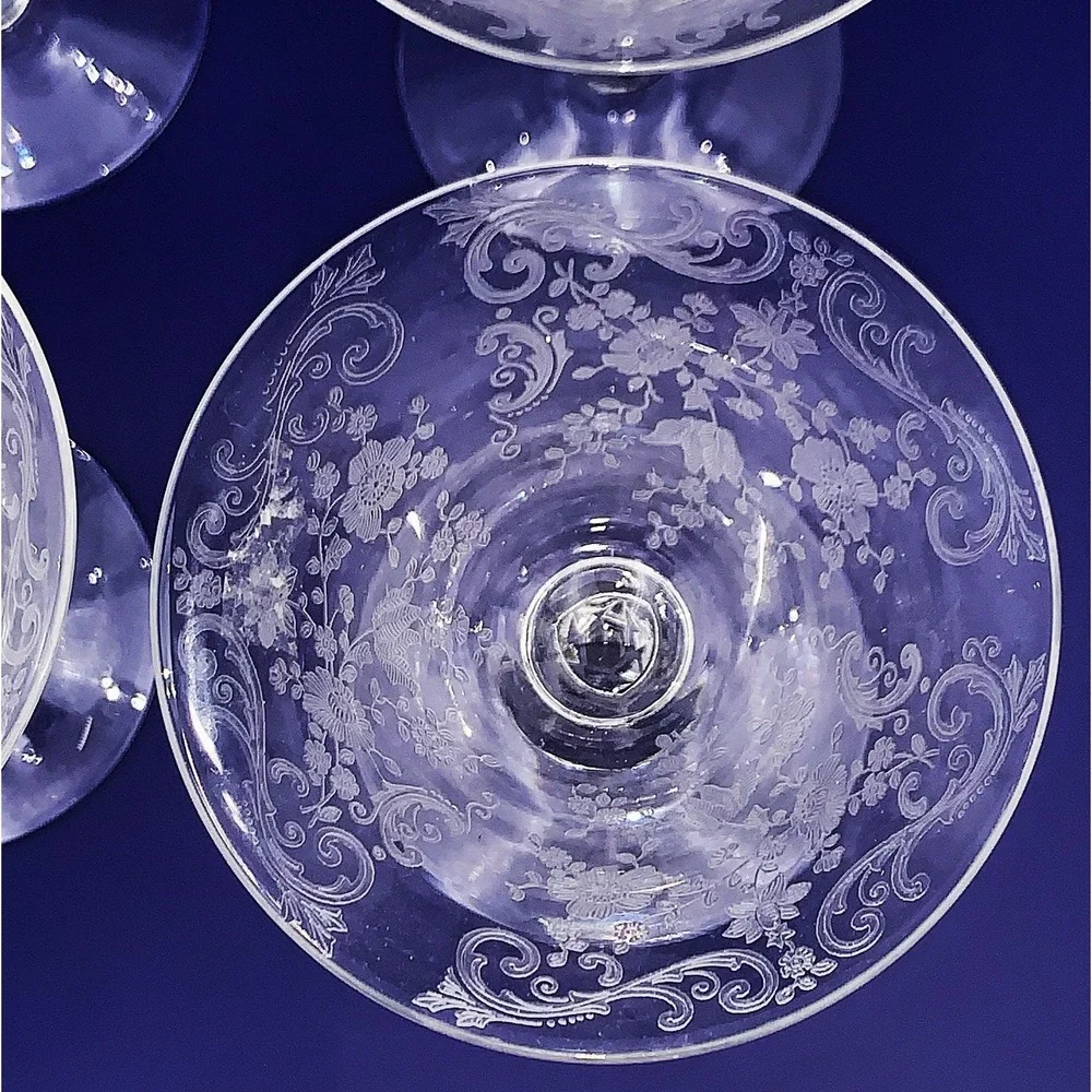 4 Cambridge‎ Chantilly Etch Crystal Champagne / High Dessert 3775 Stem Vintage